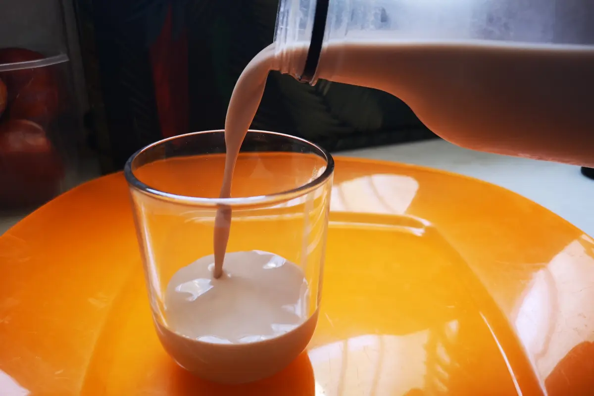 Bebida vegetal de avena casera en botella de cristal, sin aditivos ni conservantes, preparación natural